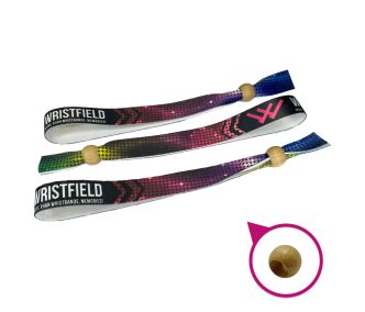   Fabric wristbands (15x340mm, full-colour custom printed on one side) - with adjustable bamboo bead