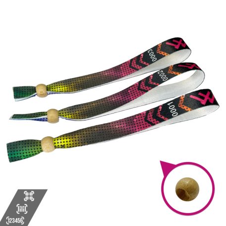 Fabric wristbands (15x340mm, full-colour custom printed on one side, variable data) - with adjustable bamboo bead