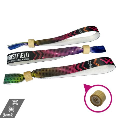 Fabric wristbands (15x340mm, full-colour custom printed on one side, variable data) - with bamboo/plastic self-closing tube - EXPRESS