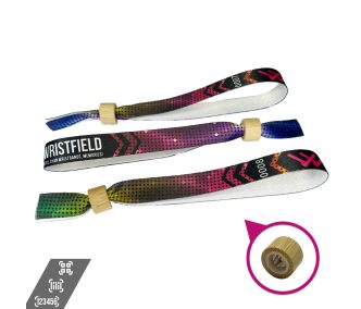   Fabric wristbands (15x340mm, full-colour custom printed on one side, variable data) - with bamboo/plastic self-closing tube