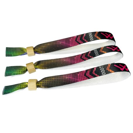 Fabric wristbands (15x340mm, full-colour custom printed on one side, variable data) - with bamboo/plastic self-closing tube