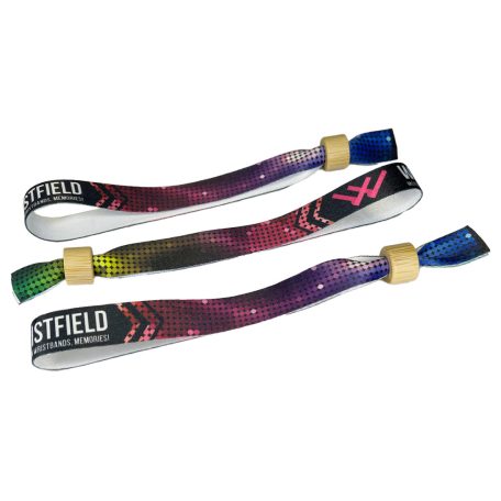 Fabric wristbands (15x340mm, full-colour custom printed on one side) - with bamboo/plastic self-closing tube