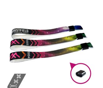  Fabric wristbands (15x340mm, full-colour custom printed on one side, variable data) - with plastic self-closing tube