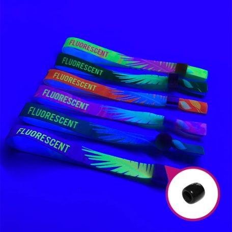 UV Reflective Fabric wristbands 15x340 mm full-colour custom printed on 1 side - with ADJUSTABLE PLASTIC BEAD