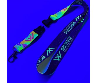   UV Reflective Satin Lanyards 20x900 mm full-colour custom printed on both sides - with metal thumb hook and Disconnect Buckle