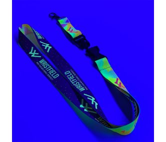   UV Reflective Satin Lanyards 20x900 mm full-colour custom printed on both sides - with metal thumb hook and Disconnect Buckle