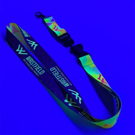 UV Reflective Satin Lanyards 20x900 mm full-colour custom printed on both sides - with metal thumb hook and Disconnect Buckle