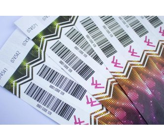   Tyvek 1" wristbands with full-colour printing and variable data (barcode, numbering, etc)